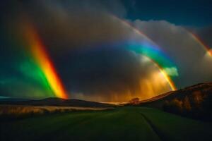 ai gegenereerd een regenboog verschijnt over- een veld- met een donker lucht foto