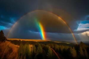 ai gegenereerd een regenboog is gezien over- een Woud en een donker lucht foto