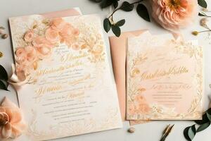 ai gegenereerd een bruiloft uitnodiging met perzik bloemen en goud folie foto