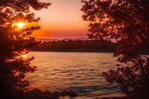 ai gegenereerd de zon sets over- de water en bomen foto