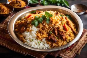 ai gegenereerd Indisch biryani met rijst- en groenten foto