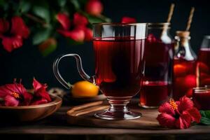 ai gegenereerd rood hibiscus thee in een glas kruik en een kom van fruit foto