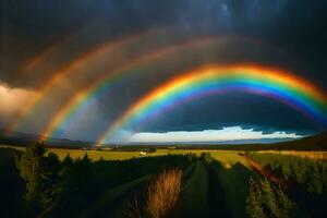 ai gegenereerd een regenboog verschijnt over- een veld- met bomen en een donker lucht foto