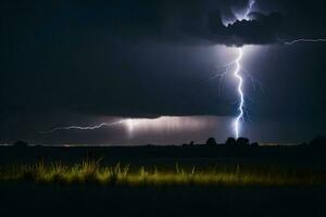 ai gegenereerd bliksem stakingen over- een veld- Bij nacht foto
