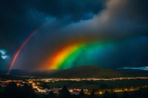 ai gegenereerd een regenboog over- een stad- en bergen foto