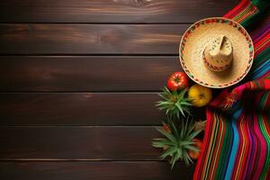 ai gegenereerd Mexicaans voedsel en Mexicaans cultuur achtergrond met Mexicaans hoed en groenten Aan houten foto