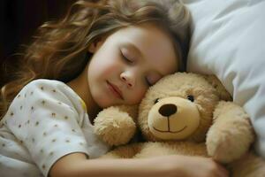 ai gegenereerd zoet weinig meisje vredig slapen met haar teddy beer, belichamen de kalmte van slaap dag foto