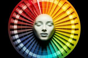 ai gegenereerd gezicht presentatie van een spectrum van emoties geregeld in een kleur wiel, benadrukkend de verscheidenheid en complexiteit van gevoelens foto