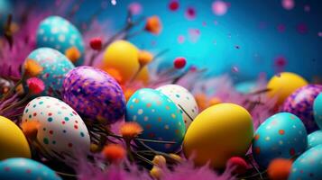 ai gegenereerd Pasen achtergrond met levendig kleuren, versierd eieren, en kamer voor feestelijk groeten foto