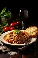 ai gegenereerd smakelijk Italiaans diner, rijk in smaken, uitnodigend wijn, en ideaal kopiëren ruimte foto