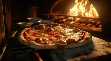 ai gegenereerd Italiaans eigengemaakt pizza taart in een oven foto