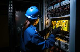 ai gegenereerd elektrisch arbeider Holding schakelaar paneel in een elektrisch paneel foto