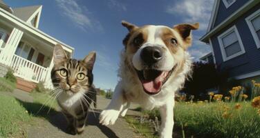 ai gegenereerd honden rennen in gras en katten rennen Aan de voorkant werf foto