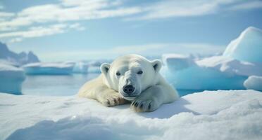 ai gegenereerd dichtbij omhoog polair beer resting Aan ijs ijsschotsen foto