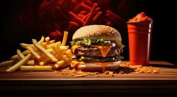 ai gegenereerd hamburger en Patat met ketchup Aan een houten bord foto