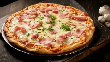 ai gegenereerd bloemloos pizza met ham en room foto