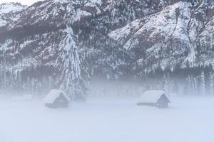 na de sneeuwval. laatste lichten van de schemering in Sappada. magie van de Dolomieten foto