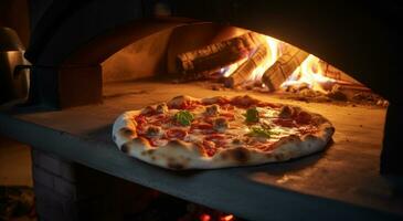 ai gegenereerd een pizza Koken in een hout brandend oven foto