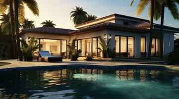 ai gegenereerd een huis met een achtertuin zwembad en een palm boom foto