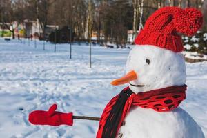 geïsoleerde sneeuwpop in rode hoed foto