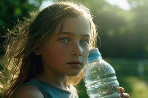 ai gegenereerd een jong meisje houdt een fles van water foto