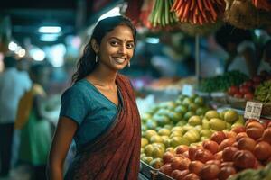 ai gegenereerd een vrouw poses in voorkant van een fruit staan Bij een markt, glimlachen en omringd door verschillend vruchten. foto