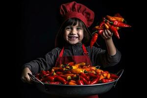 ai gegenereerd glimlachen chef kinderen Koken - Holding een wok vol van kleurrijk Chili paprika's foto