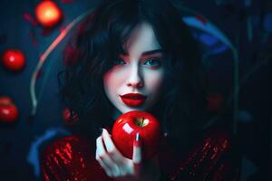 ai gegenereerd vrouw model- poseren met een rood appel foto