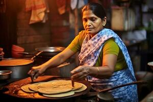 ai gegenereerd een Indisch vrouw maken roti in haar keuken foto