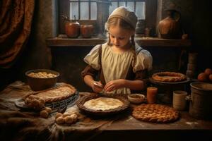 ai gegenereerd een weinig meisje in een periode jurk is bakken koekjes in een keuken foto