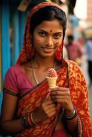 ai gegenereerd Indisch vrouw met klassiek henna- tatoeages Aan haar gezicht Holding een kulfi ijs room terwijl glimlachen foto