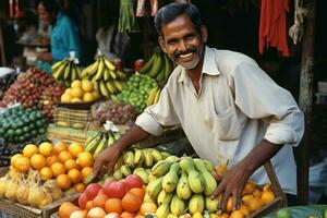 ai gegenereerd de gelukkigste Mens Bij de fruit staan foto