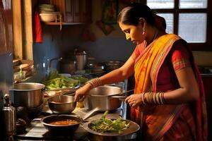 ai gegenereerd een vrouw in een Indisch keuken voorbereidingen treffen voedsel foto