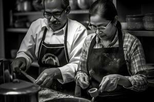 ai gegenereerd een Koken paar in de keuken foto