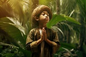 ai gegenereerd een jong boeddhistisch monnik bidden in de wild foto