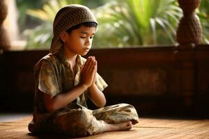 ai gegenereerd een jong jongen mediteren met handen samen foto