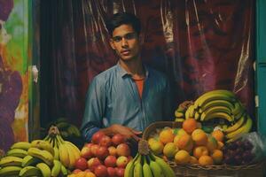 ai gegenereerd een jong Mens poseren met een mand van vers fruit foto