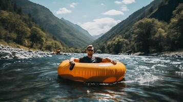 ai gegenereerd realiteit foto van Mens drijvend Aan rivier- in opblaasbaar buis gedurende zonnig dag