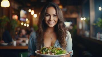 ai gegenereerd foto realiteit mooi vrouw aan het eten gezond salade in restaurant