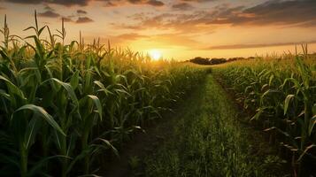 ai gegenereerd realiteit foto van de zon stijgende lijn over- een maïs veld, een heel verbijsterend visie