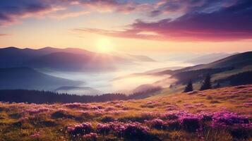 ai gegenereerd realiteit foto nevelig zomer zonsopkomst in de Karpaten bergen. prachtig ochtend- visie