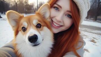 ai gegenereerd realiteit foto van vrouw nemen selfie met huisdier welsh corgi hond Aan slim telefoon