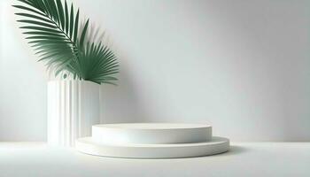 ai gegenereerd vector abstract wit 3d kamer met realistisch wit cilinder voetstuk podium en palm blad schaduw bedekking foto