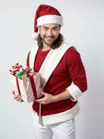 ai gegenereerd een Mens de kerstman claus Holding een geschenk zak Aan wit achtergrond ai gegenereerd foto