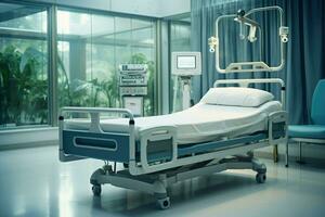 ai gegenereerd ziekenhuis kamer met een bed, comfortabel medisch interieur van een leeg ziekenhuis kamer en herstel kamer met bedden ai gegenereerd foto