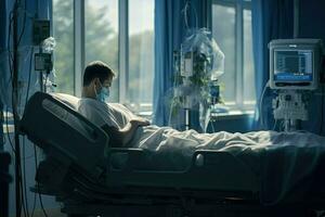 ai gegenereerd geduldig met leven besparing uitrusting voor behandeling in icu Bij de ziekenhuis, noodgeval Gezondheid zorg ziekenhuis afdeling ai gegenereerd foto