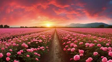 ai gegenereerd roos veld- in de zonsopkomst ochtend- met mooi lucht foto