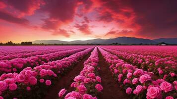 ai gegenereerd roos veld- in de zonsopkomst ochtend- met mooi lucht foto