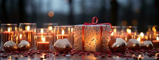 ai gegenereerd Kerstmis decoratie met kaarsen foto