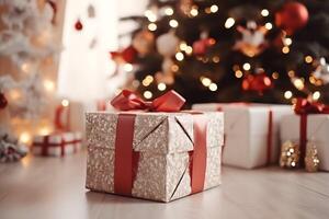 een Kerstmis geschenk, Kerstmis of Cadeau doos voorwerpen Aan vakantie humeur achtergrond in winter. vrolijk Kerstmis concept door ai gegenereerd foto